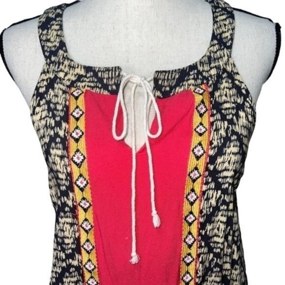 THML Anthropologie Tribal Print Sleeveless Midi Dress w/ Drawstring Accent Sz L - Picture 4 of 16